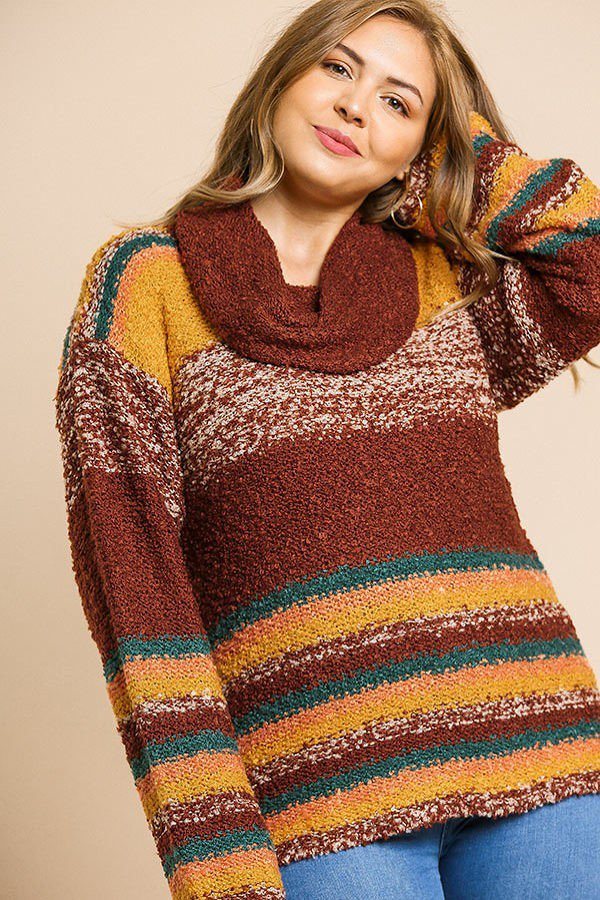 Multicolor Striped Fuzzy Knit Long Sleeve Pullover - Plus Size