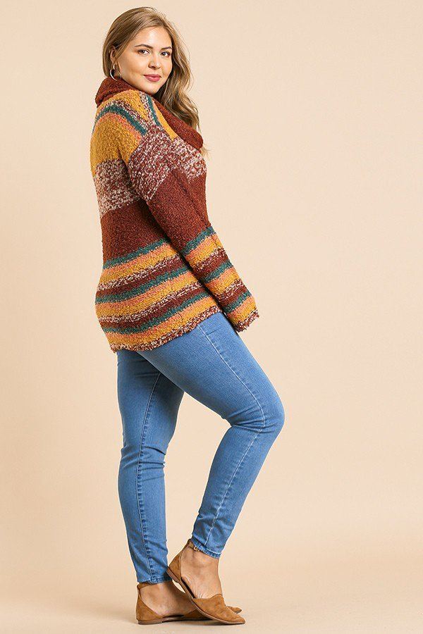 Multicolor Striped Fuzzy Knit Long Sleeve Pullover - Plus Size