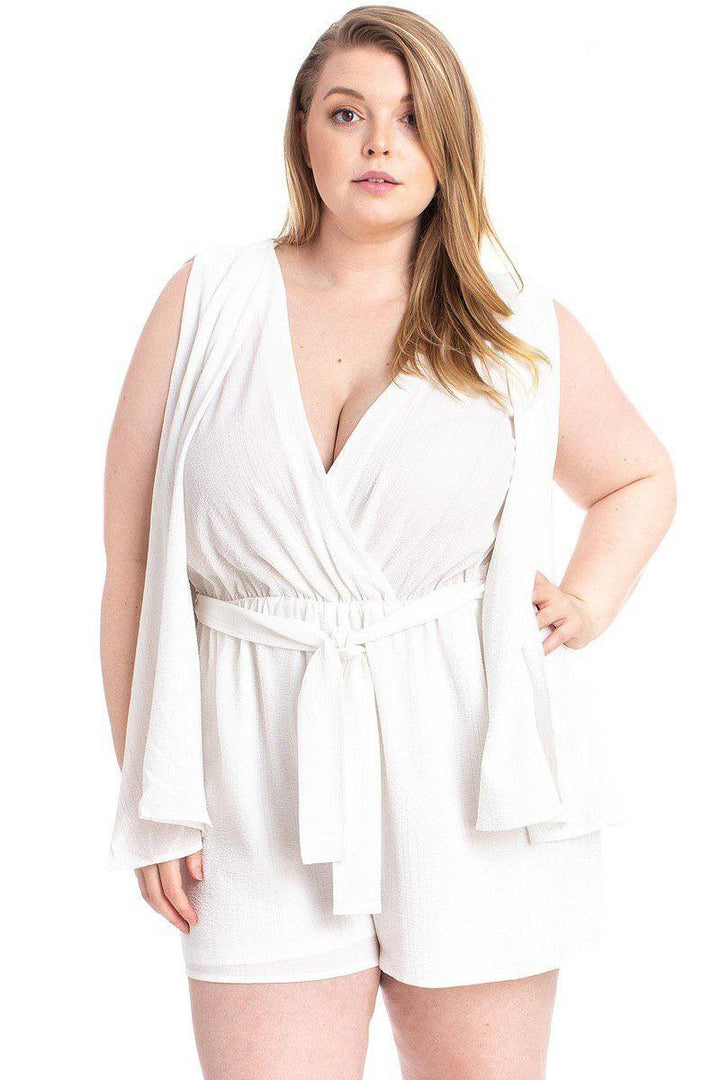 Shimmer Fabric Draped Open Sleeve Romper -Plus Size