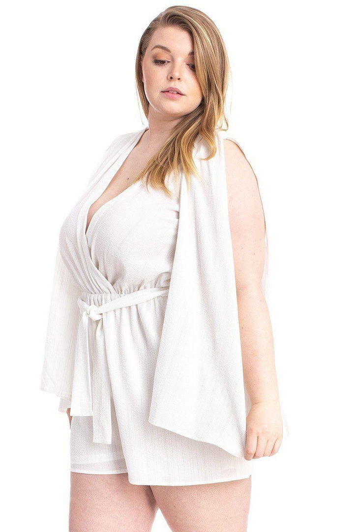 Shimmer Fabric Draped Open Sleeve Romper -Plus Size
