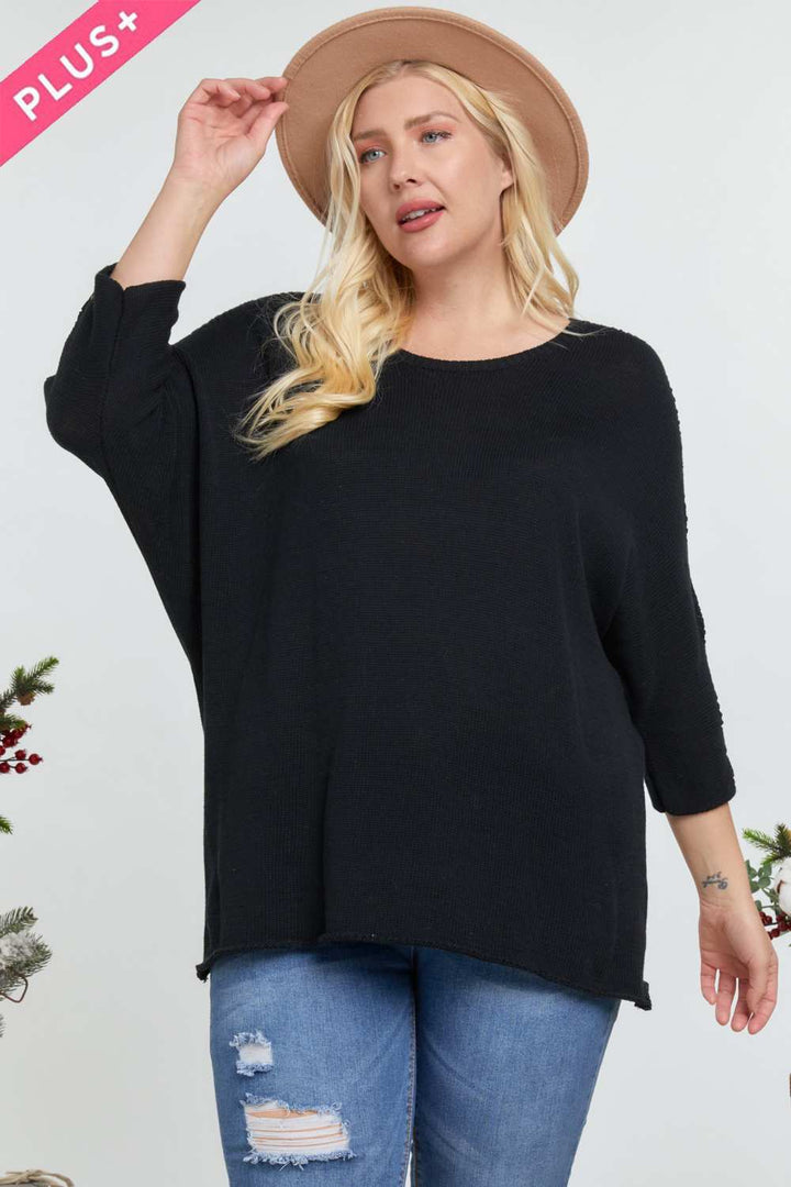 Solid Round Neck 3/4 Sleeve Sweater Top- Plus Size
