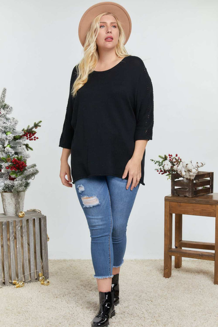 Solid Round Neck 3/4 Sleeve Sweater Top- Plus Size