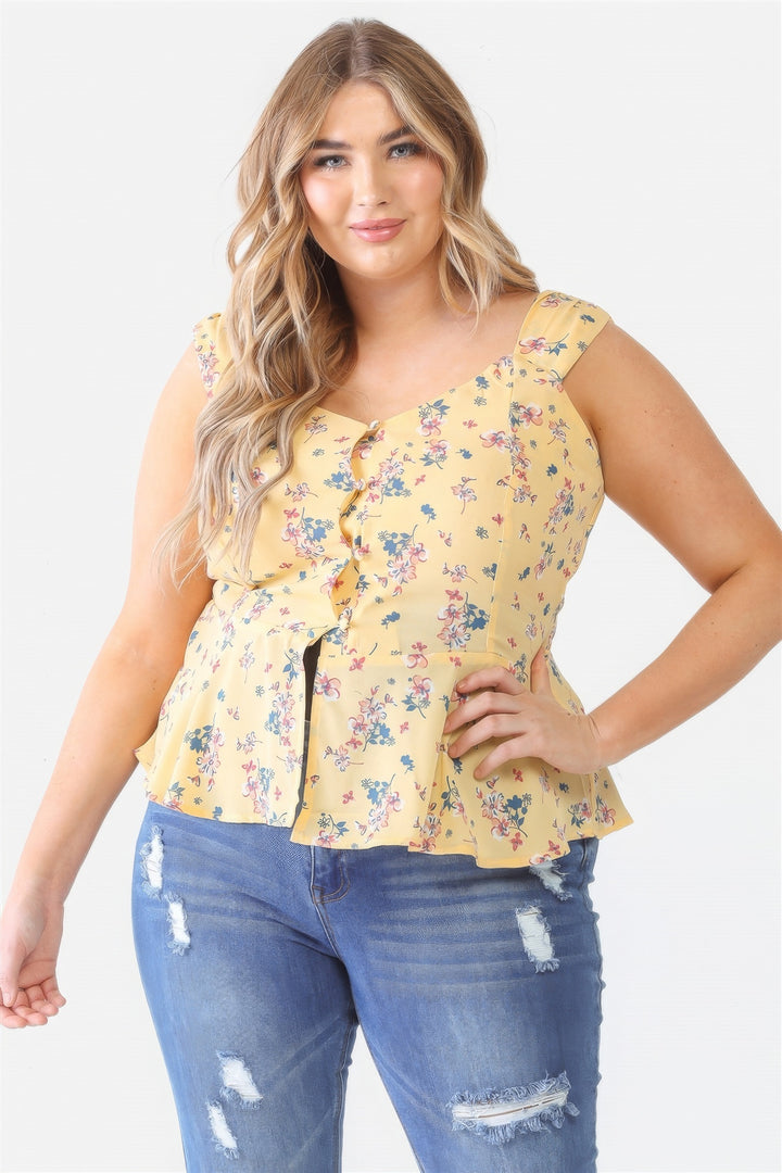 Plus Floral Button-up Sleeveless Flare Hem Top - Plus Size