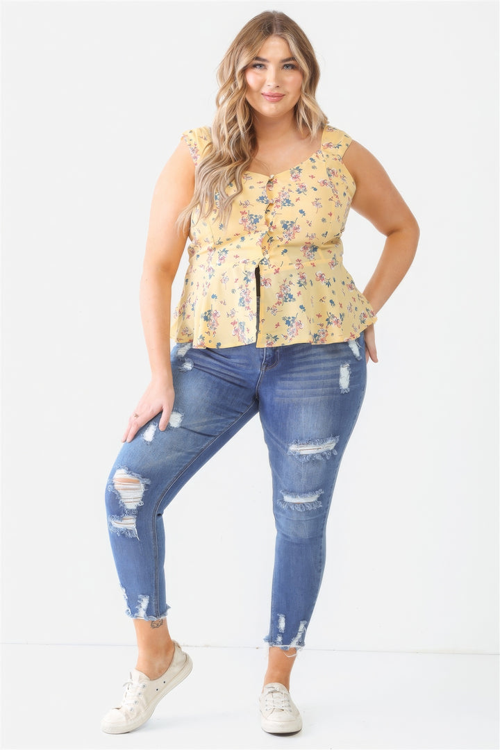 Plus Floral Button-up Sleeveless Flare Hem Top - Plus Size