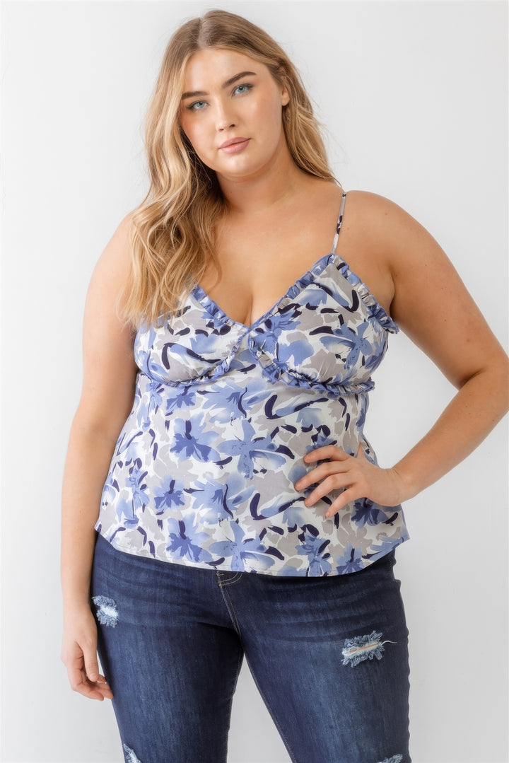 Plus Floral Print Woven Ruffle Sleeveless Back Zipper Tank Top -Plus Size