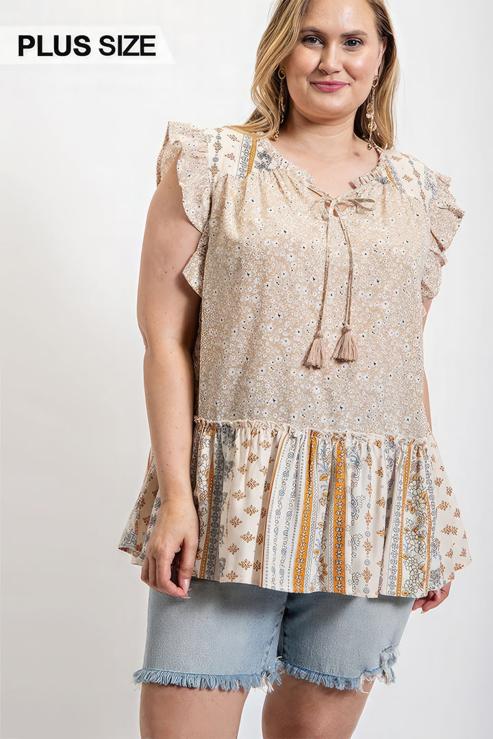 Plus Size Woven Prints Mixed And Sleeveless Flutter Top With Tassel Tie