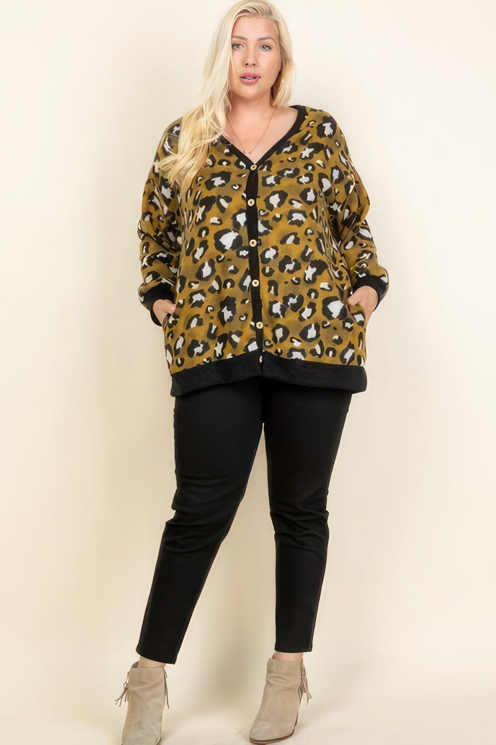 Plus Size Cozy Animal Mir Print With Brush Button Up Cardigan - Plus Size