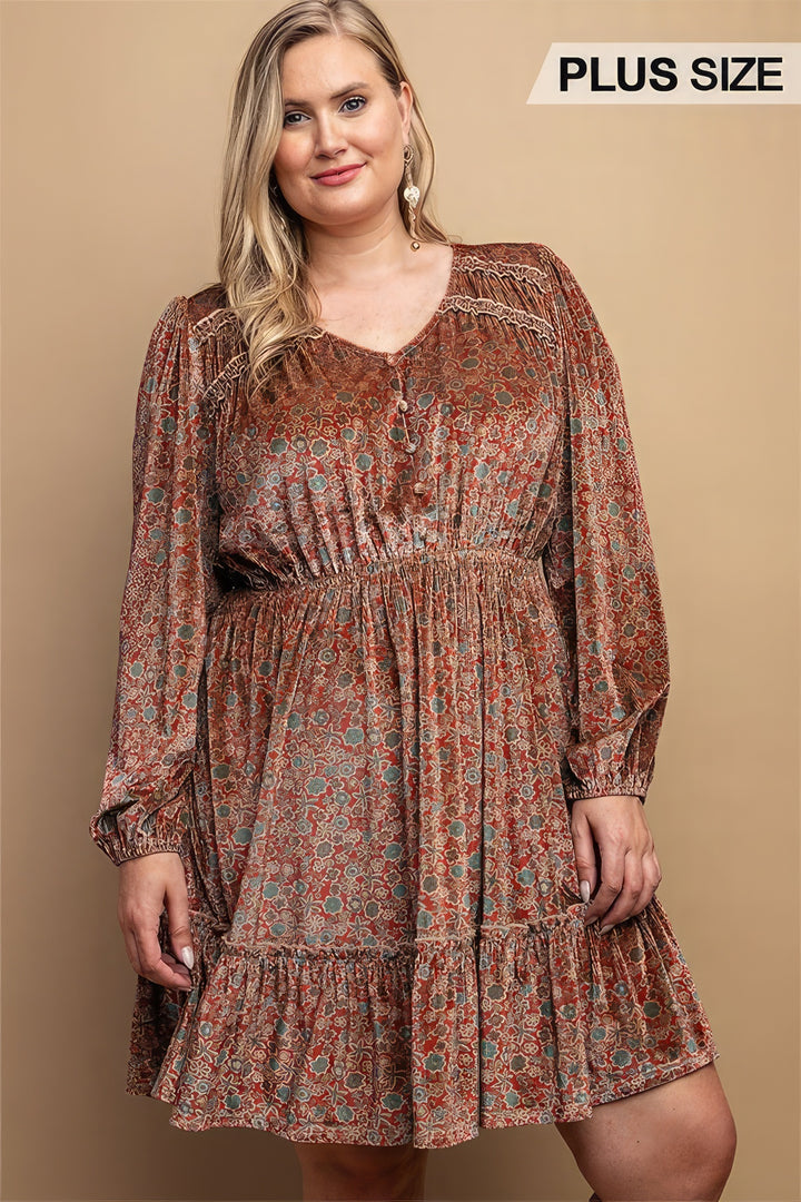 Printed Velvet V-neck Dress With Button Front Detail -Plus Size