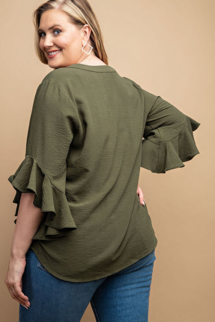 Ruffled Bell Sleeve And Front Pleated Detail Top- Plus Size