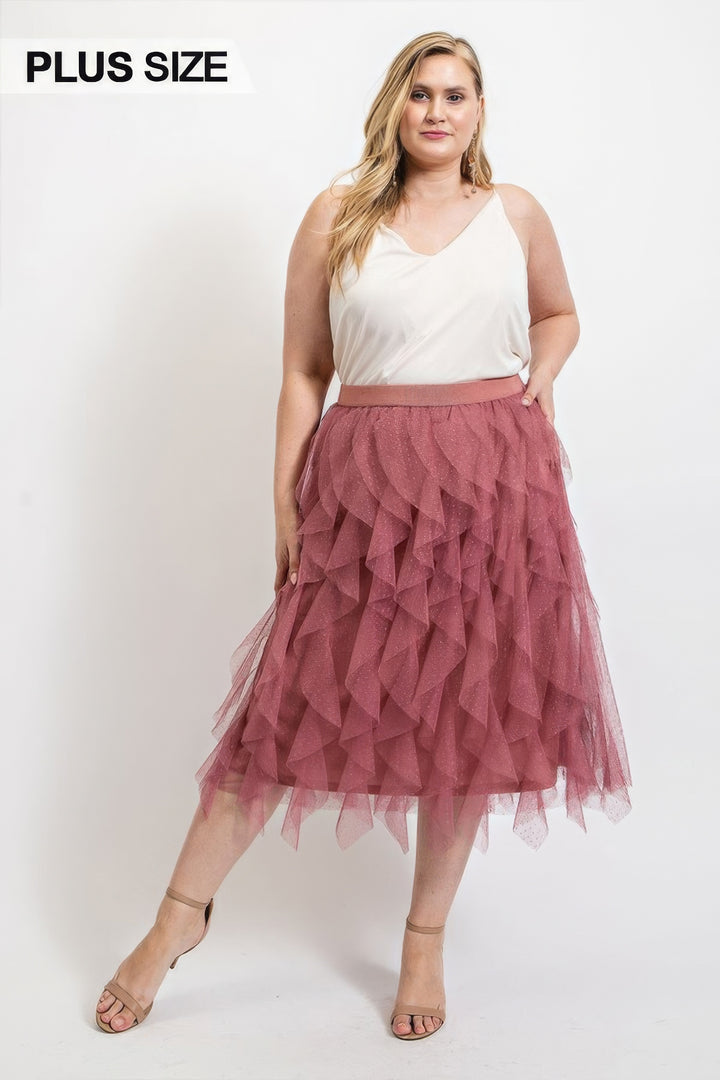 Ruffled Tulle Midi Skirt With Elastic Waist Band -Plus Size