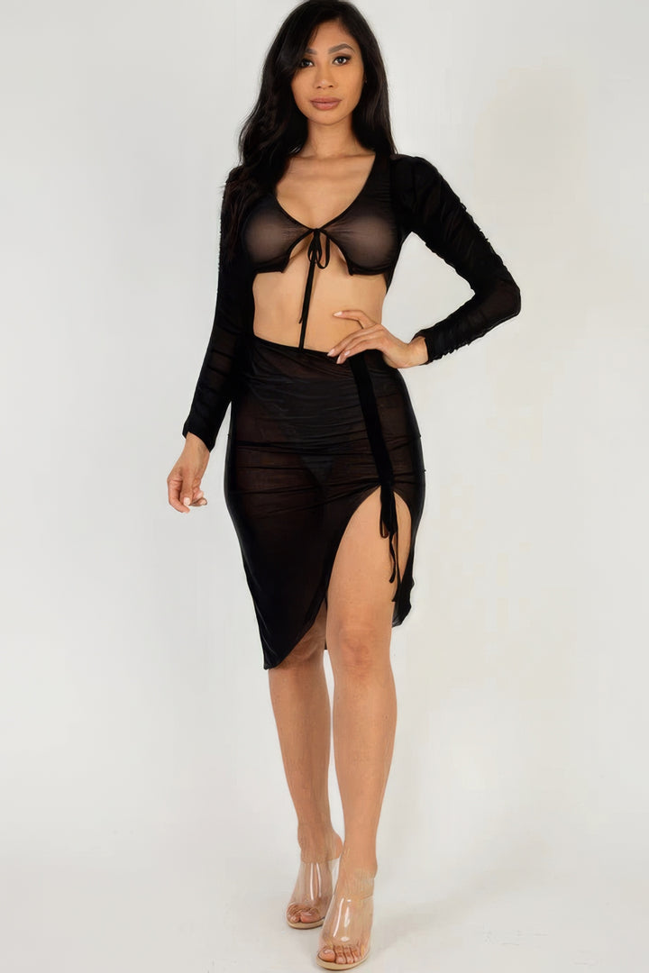 Sexy Sheer Mesh Drawstring Ruched Skirt Cover up