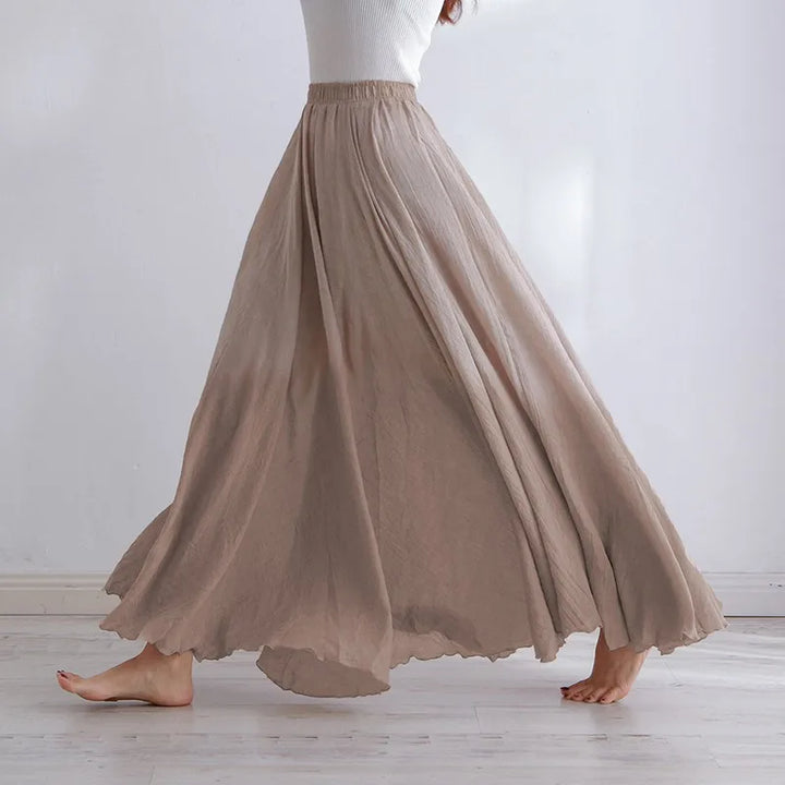 Cotton Linen Maxi Skirt Women's Casual High Waist Pleated A-Line Beach Skirt