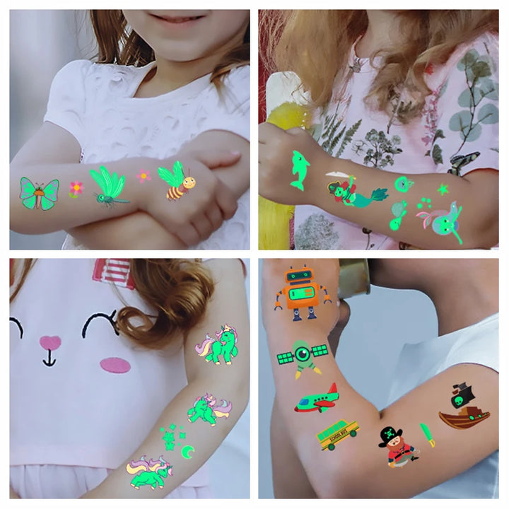 Glowing Luminous Tattoo Stickers - Children's Arm and Face Body Art, Featuring Dinosaur, Pirate, Unicorn, Mermaid, and Cartoon Designs