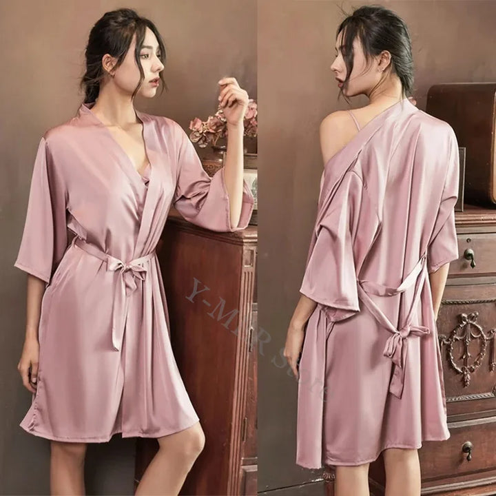 Satin Robe Sleepwear Silky Kimono Bathrobe Nightwear