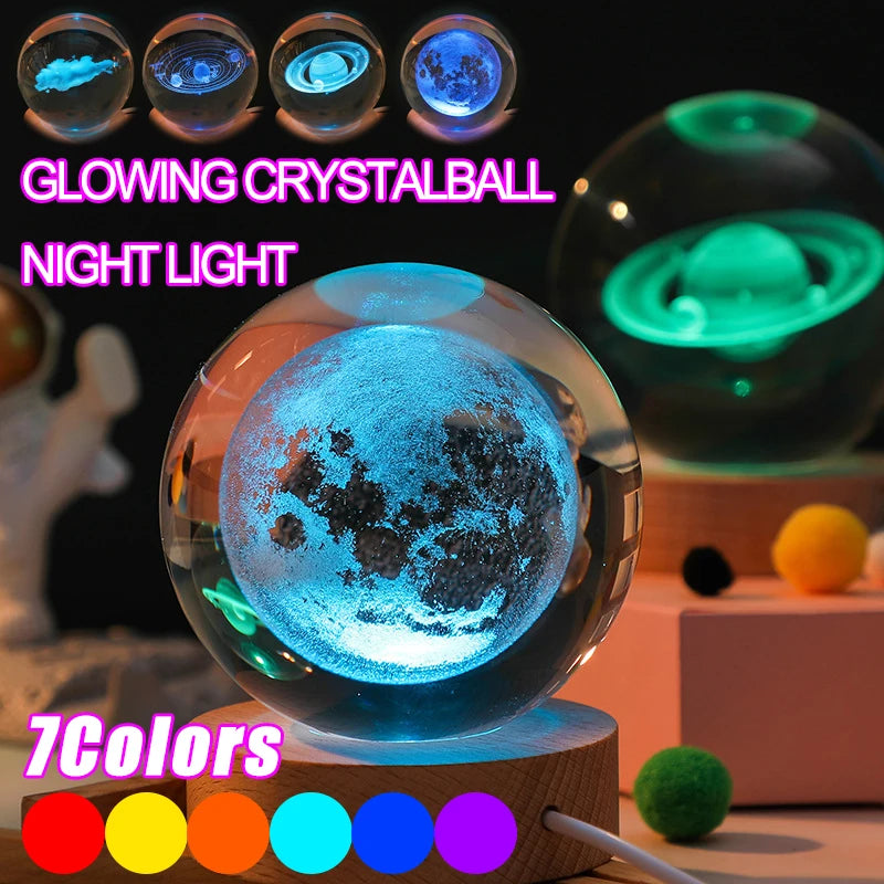 3D Crystal Lights Lamp Glowing Planetary Galaxy Night Light Bedside