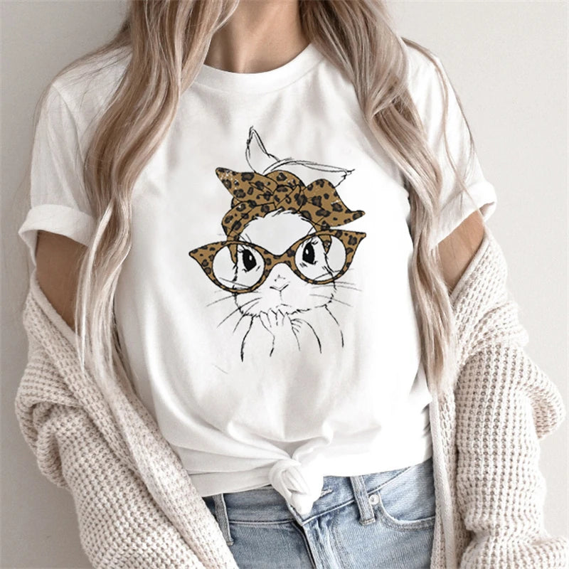 Women T-Shirt Funny Rabbit/ Bunny/ Flowers/ Animal/Coffee Print T-shirt Femme