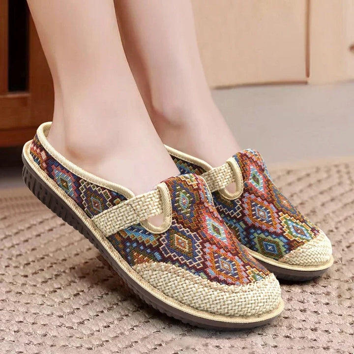 Patterned Embroidered Linen Breathable Casual Slippers Shoes for Women
