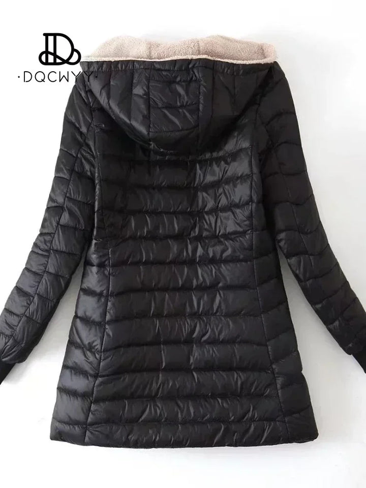 Women's Winter Jacket - Mid-Length Korean Edition Hooded Fleece Cotton Coat, Warm Lamb Fleece Parkas