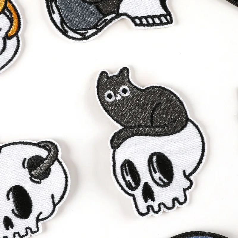Skull Patch Cat Embroidered With Iron Sew On For Clothing Thermo adhesive