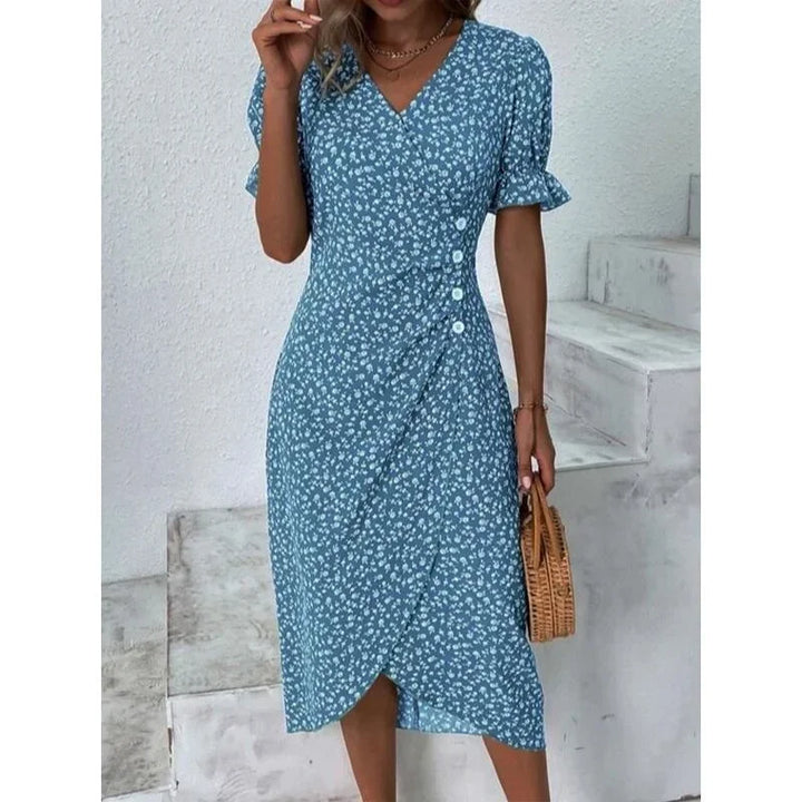 Elegant Floral Pleated Midi Dress V Neck Puff Sleeve Waist Rushed Button Dresses