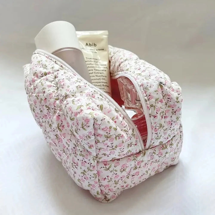 Floral Puffy Quilted Makeup Bag Travel Pouch Large Capacity Make Up Bags