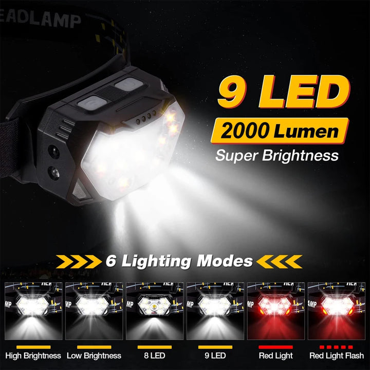 9 LED USB Rechargeable Motion Sensor Headlamp - Strong Light Headlight for Fishing, Camping, Outdoor Activities