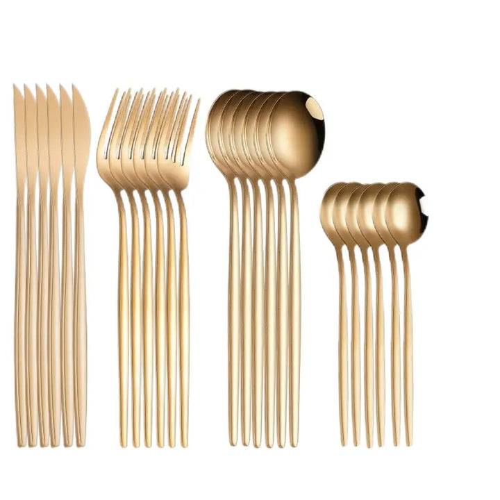 24pcs Gold Dinnerware Set Stainless Steel Steak Knife Fork Coffee Spoon Teaspoon Flatware Dishwasher