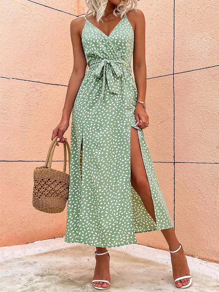 Elegant V Neck Sleeveless Dress - Women's Summer Floral Print Long Dress, Sexy Backless Bandage Slit Beach Sundresses