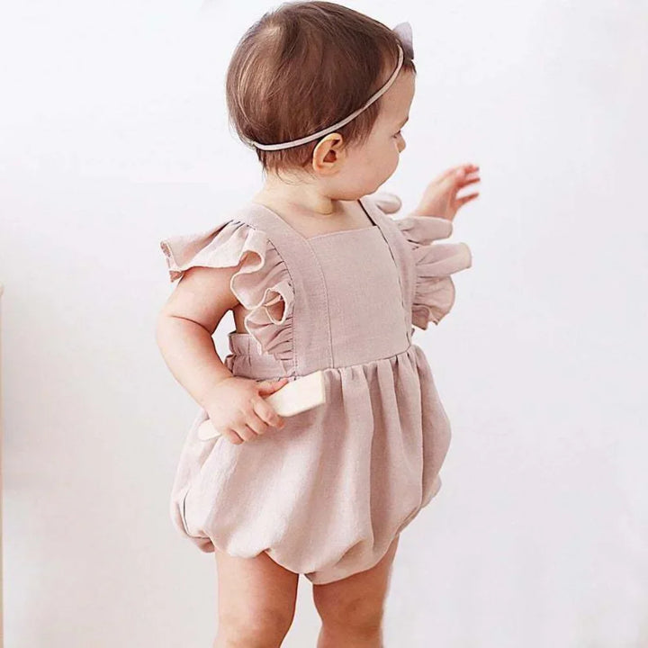 Baby Girls Rompers - Ruffles Romper in Cotton Linen Fabric, Sleeveless Strap Newborn Infant Romper Clothes