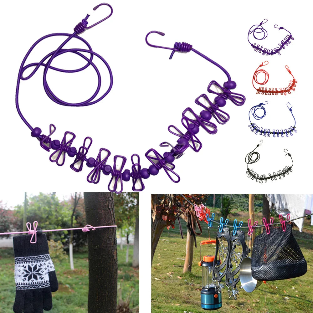 4M Outdoor Camping Non-slip stretch clothesline With 12Clips Travel Stretchy Clothesline