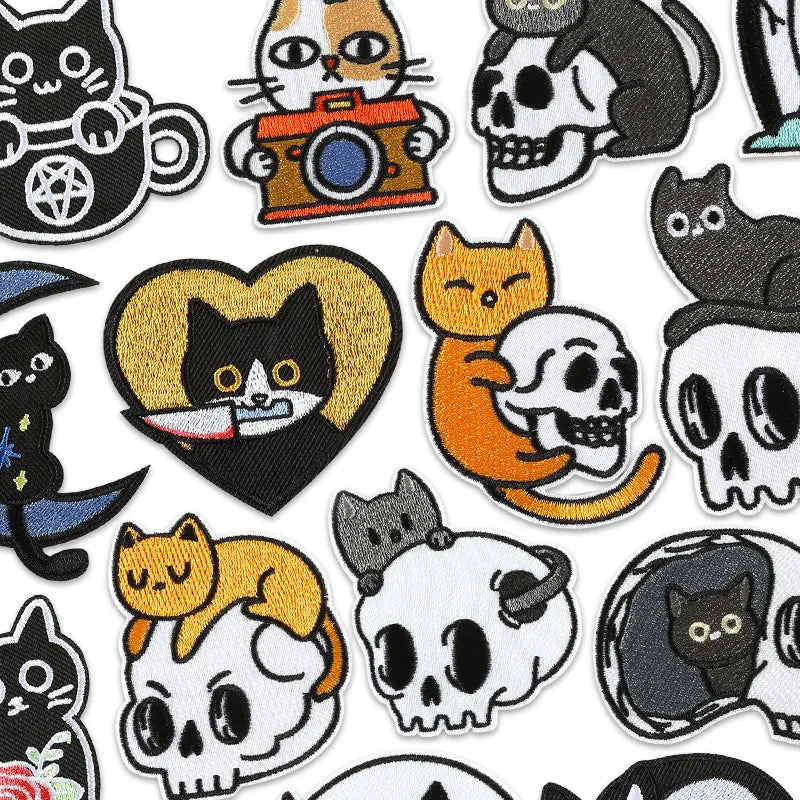Skull Patch Cat Embroidered With Iron Sew On For Clothing Thermo adhesive