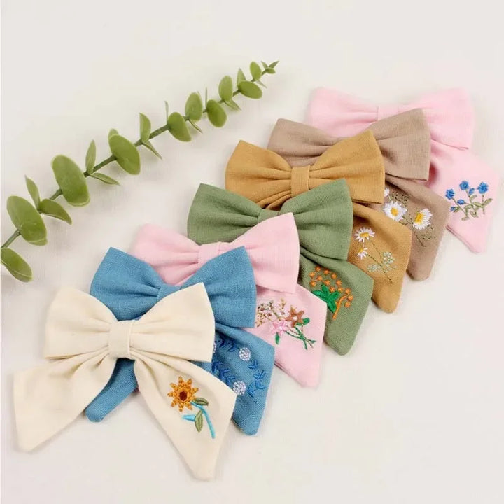 Embroidery Bows Hair Clips Solid/Printed Hairpins